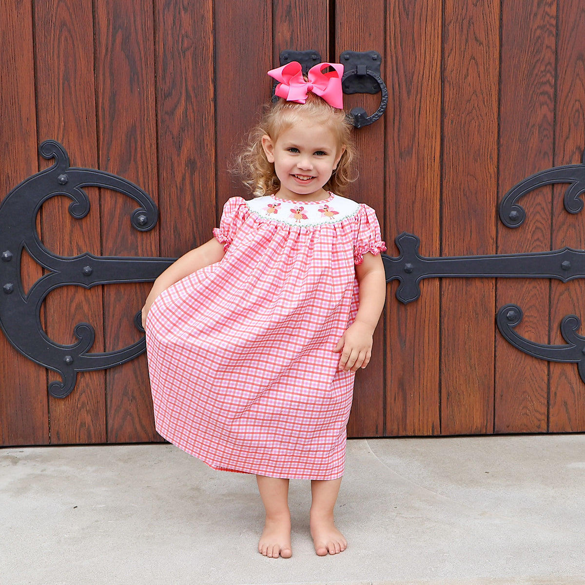 Adorable Turkey Smocked Pink Gingham Bishop Dress
