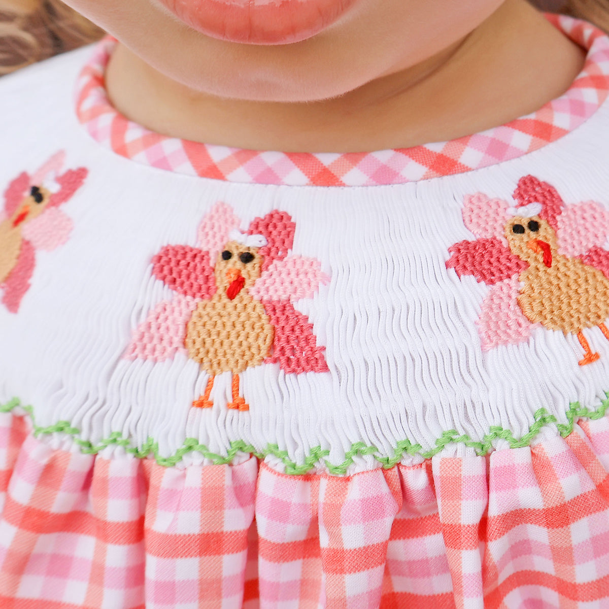 Adorable Turkey Smocked Pink Gingham Bishop Dress
