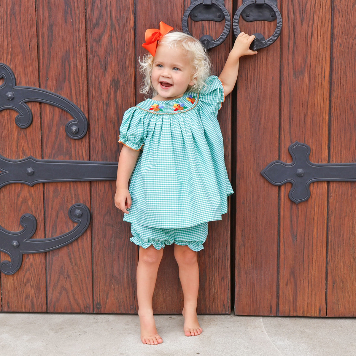 Fall Turkey Smocked Green Windowpane Bishop Bloomer Set