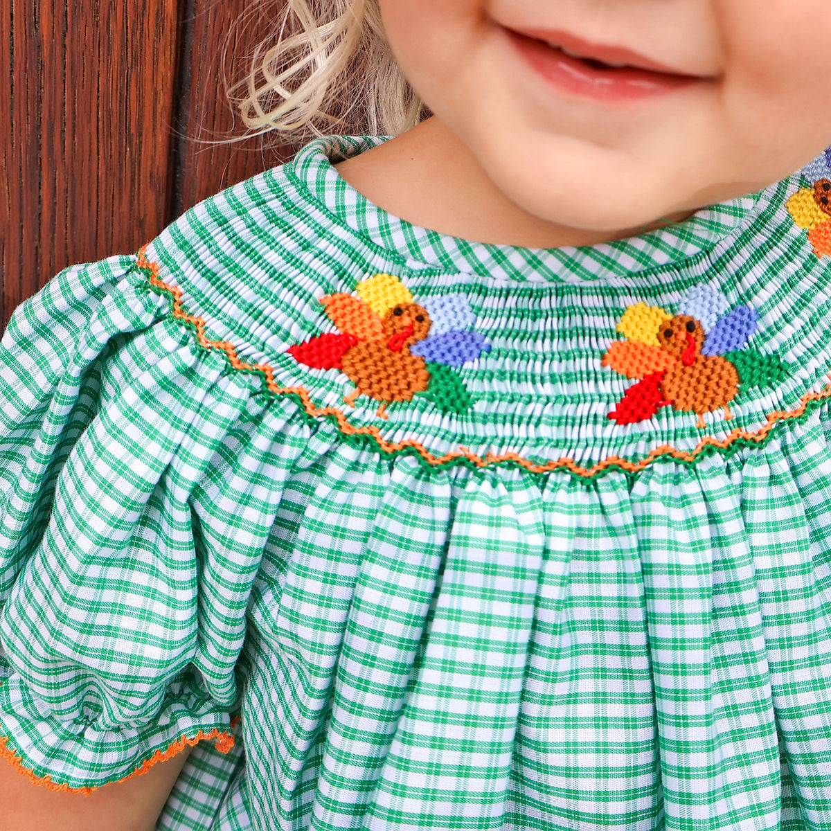 Fall Turkey Smocked Green Windowpane Bishop Bloomer Set