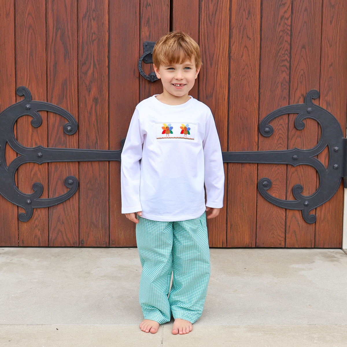 Fall Turkey Smocked Green Windowpane Pant Set
