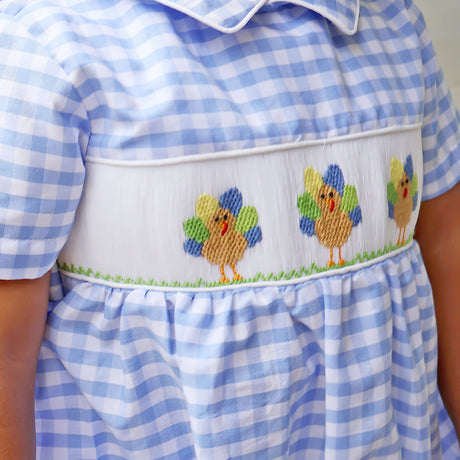 Colorful Turkey Smocked Blue Gingham Collared Bubble