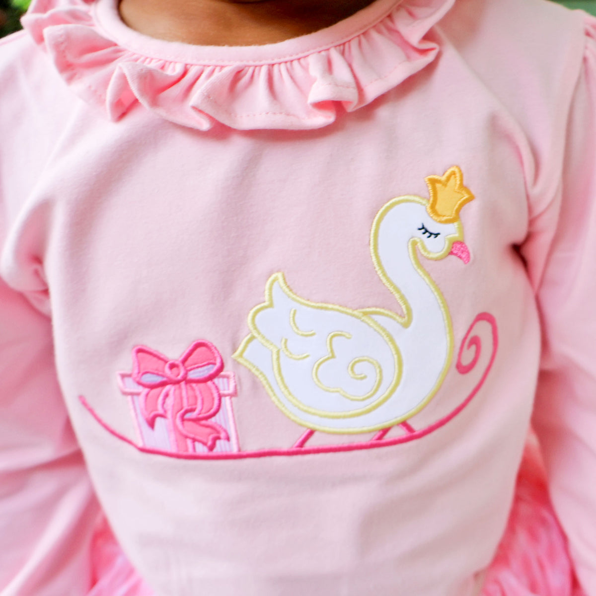 Christmas Swan Pink Long Sleeve Ruffle Top