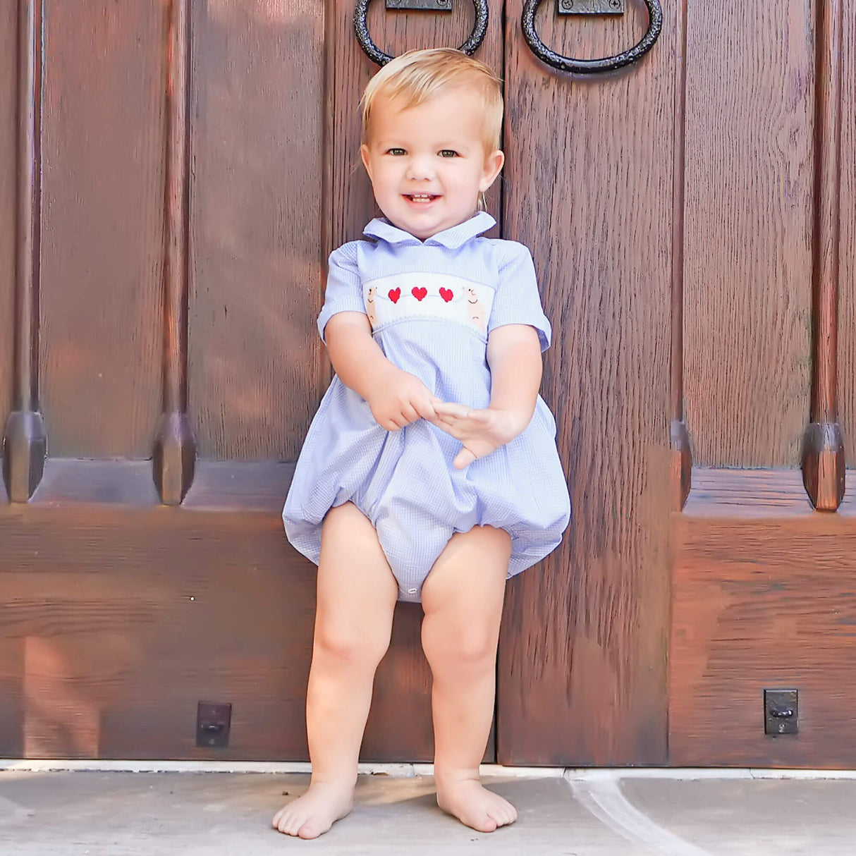 Puppy Heart Smocked Light Blue Gingham Collared Bubble