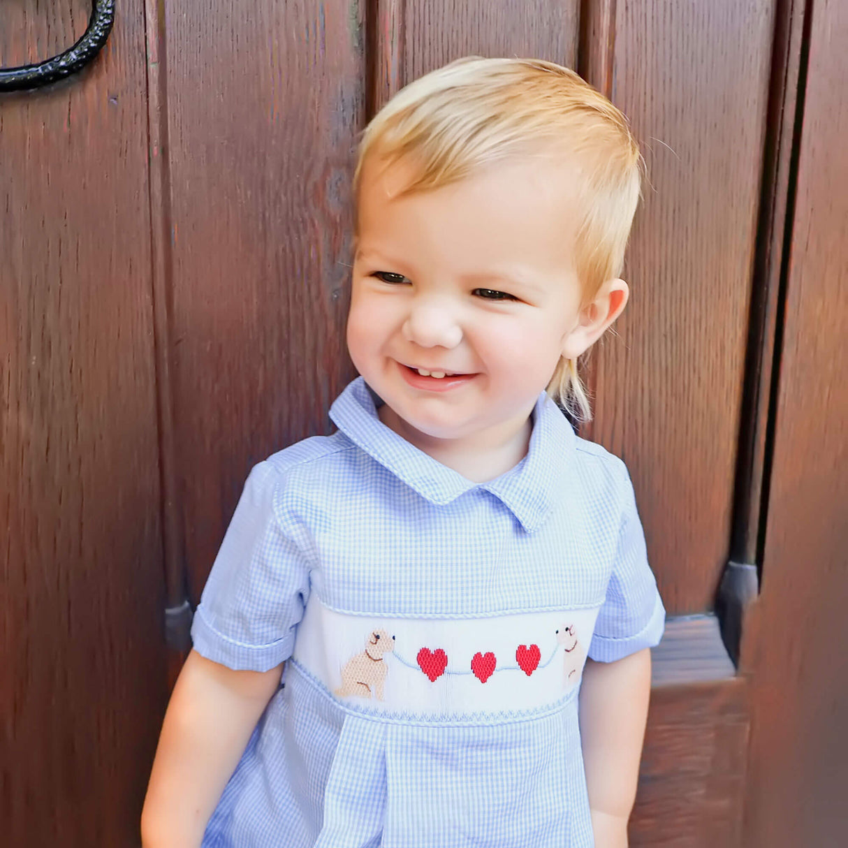 Puppy Heart Smocked Light Blue Gingham Collared Bubble
