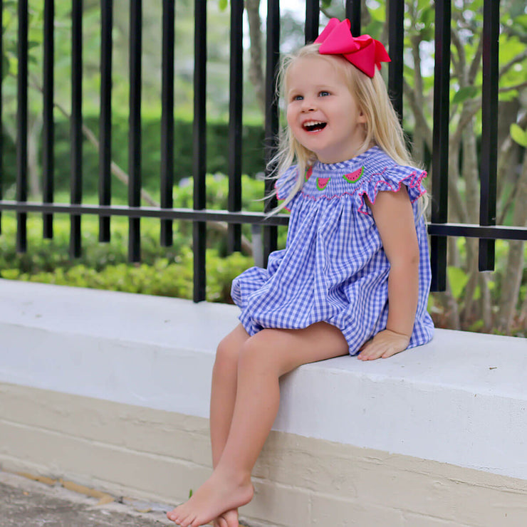 Watermelon Smocked Royal Blue Gingham Bubble