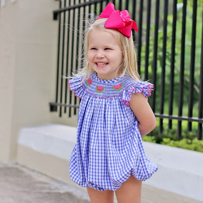Watermelon Smocked Royal Blue Gingham Bubble