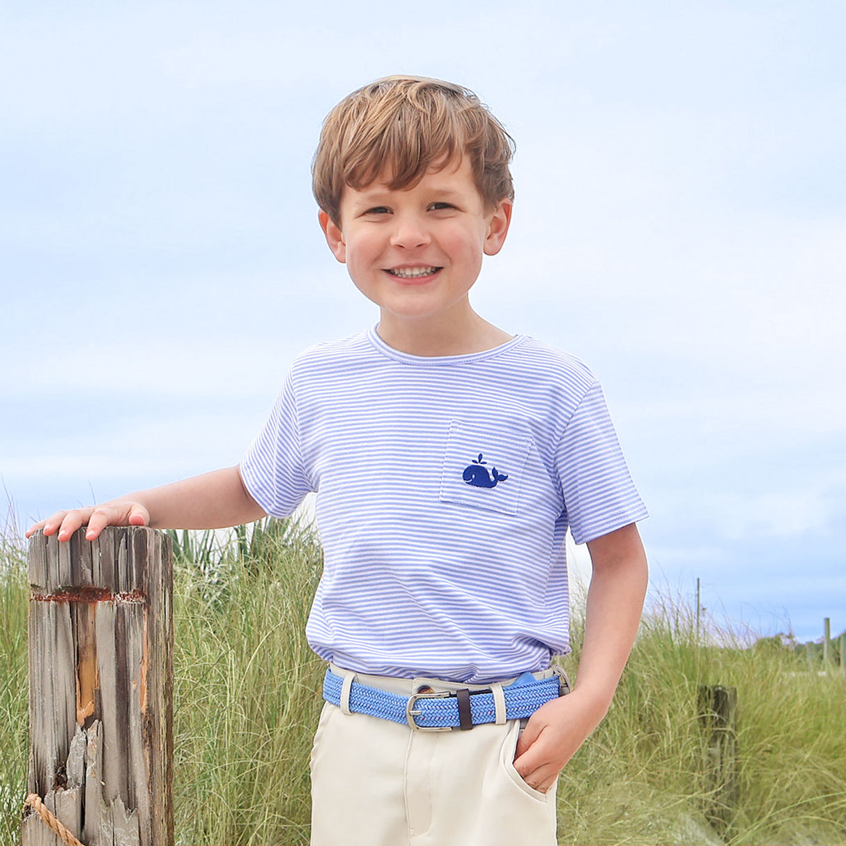 Ocean Whale Light Blue Stripe Short Sleeve Pocket Shirt