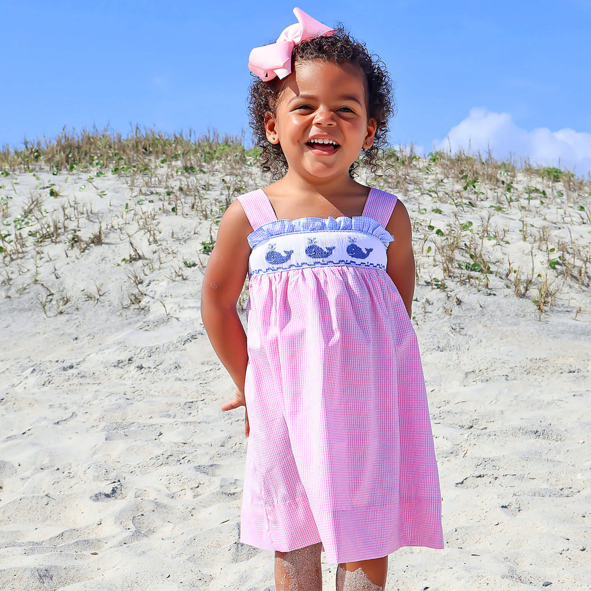 Aquatic Whale Pink Gingham Smocked Cara Dress