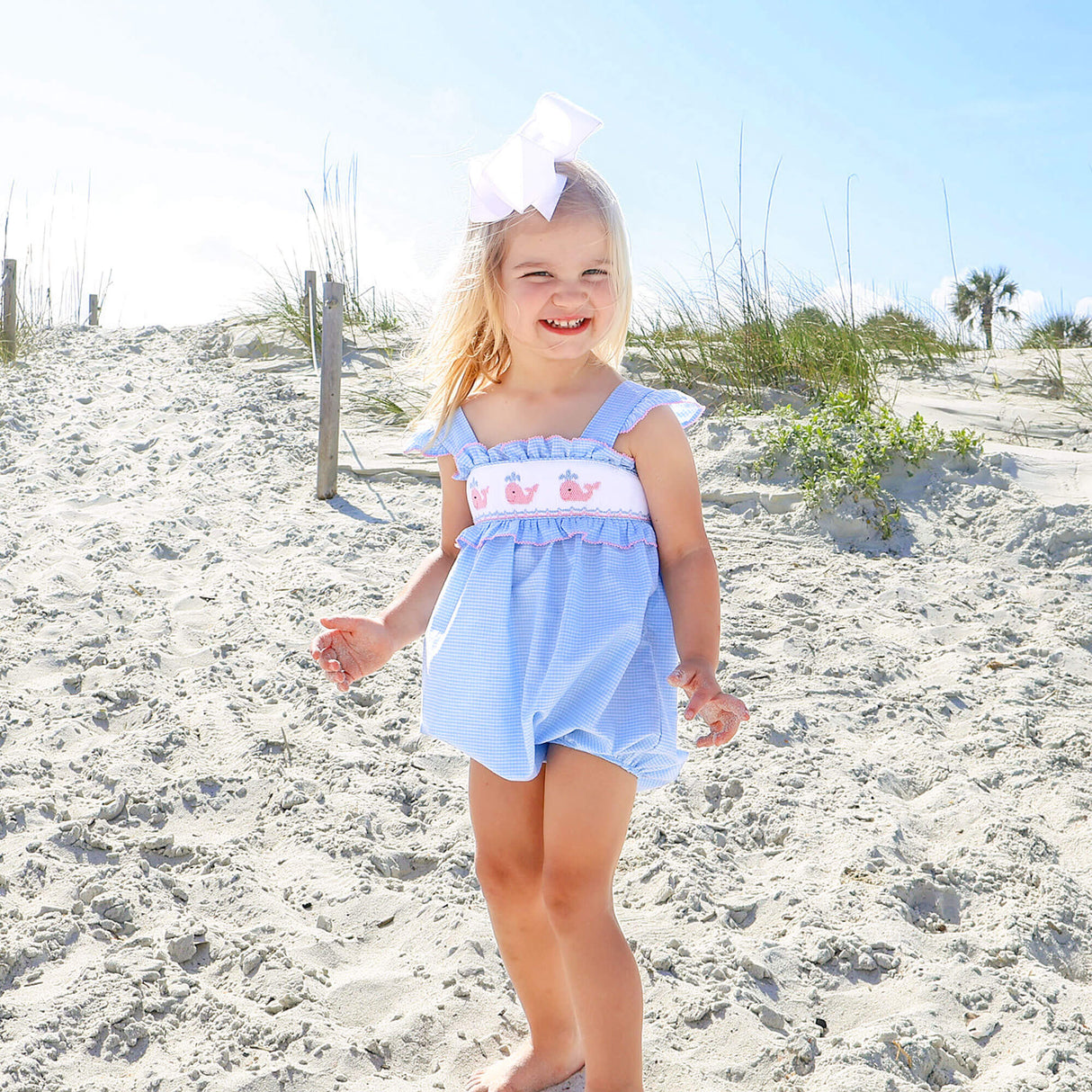 Happy Whale Blue Windowpane Smocked Amy Bubble