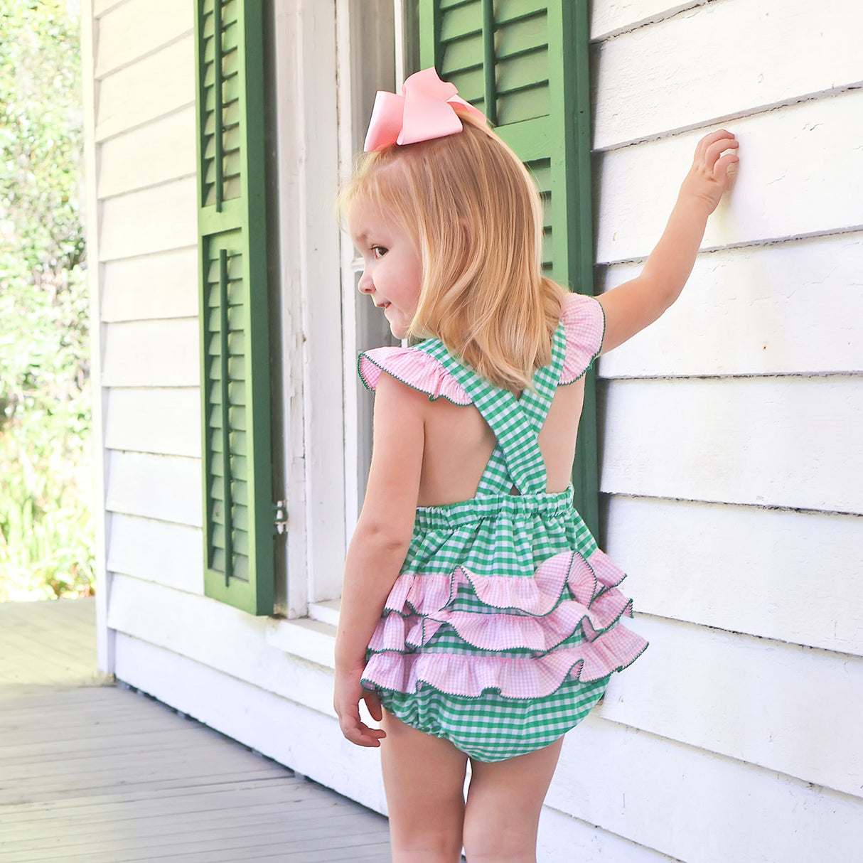 Whale Smocked Green Gingham Leah Bubble