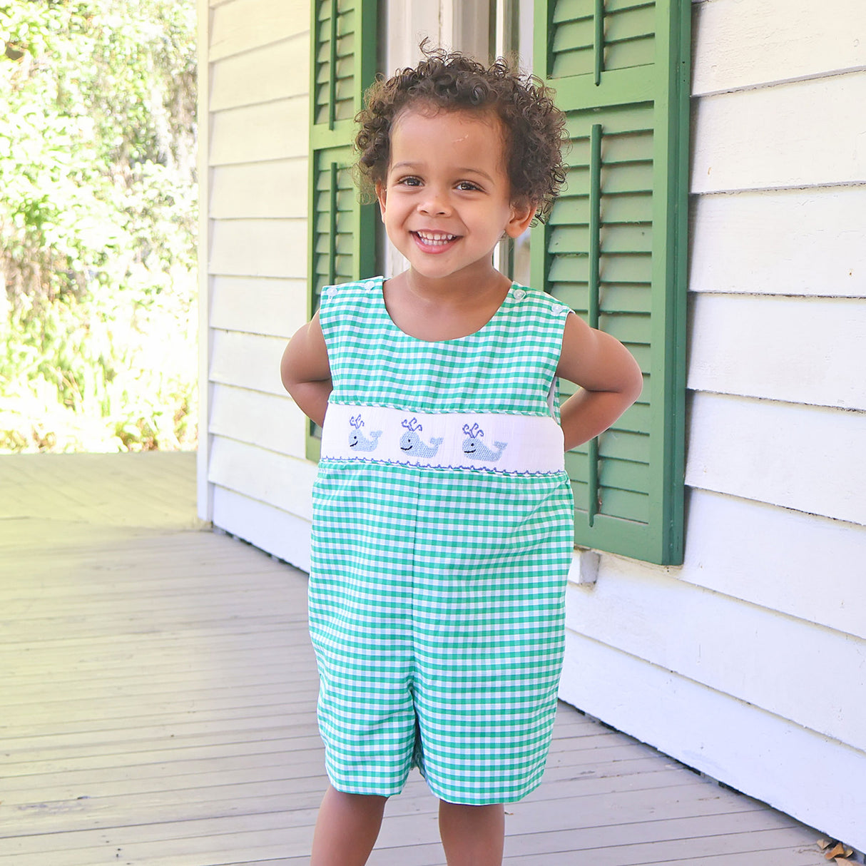 Whale Smocked Green Gingham Jon Jon