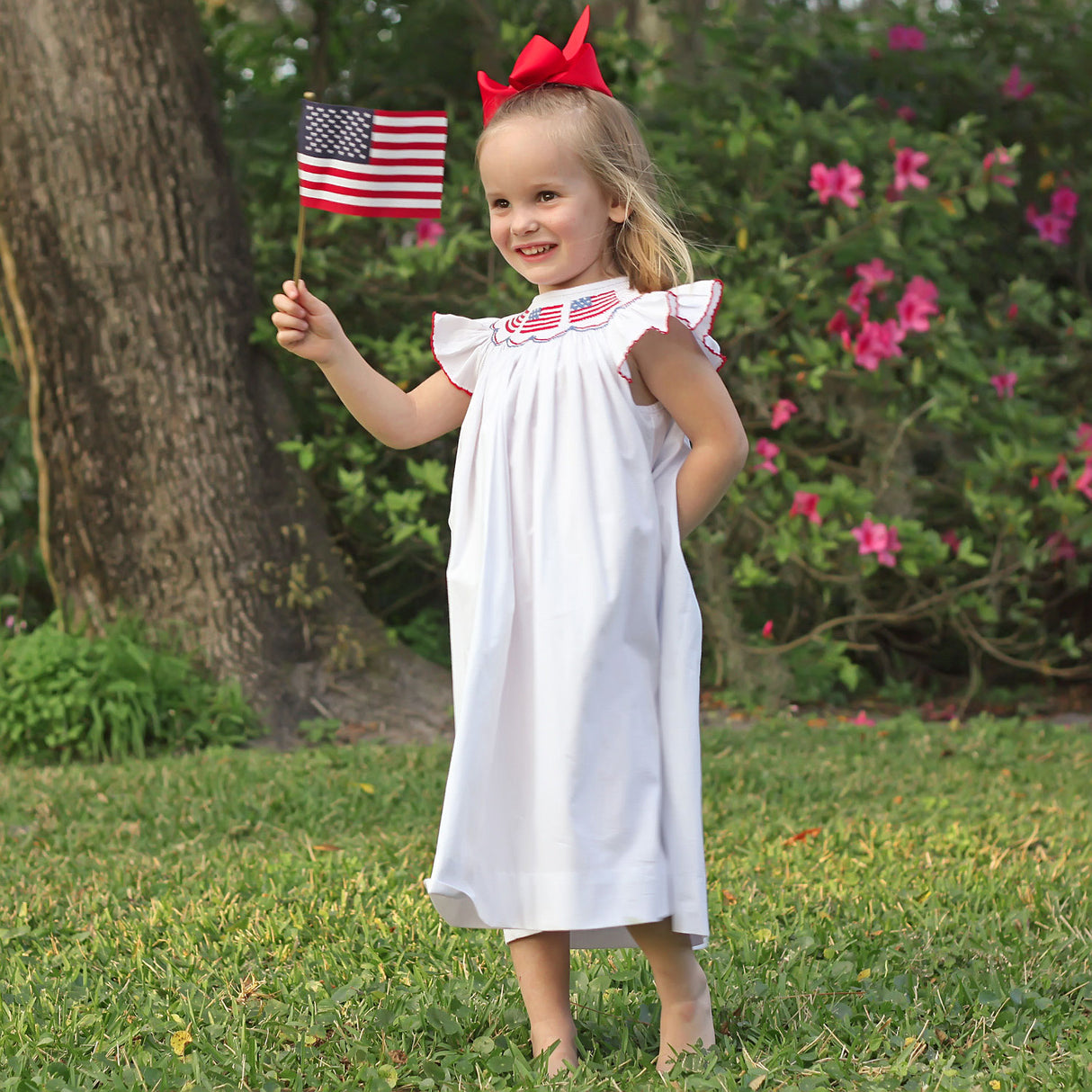 Flag Smocked White Angel Sleeve Dress