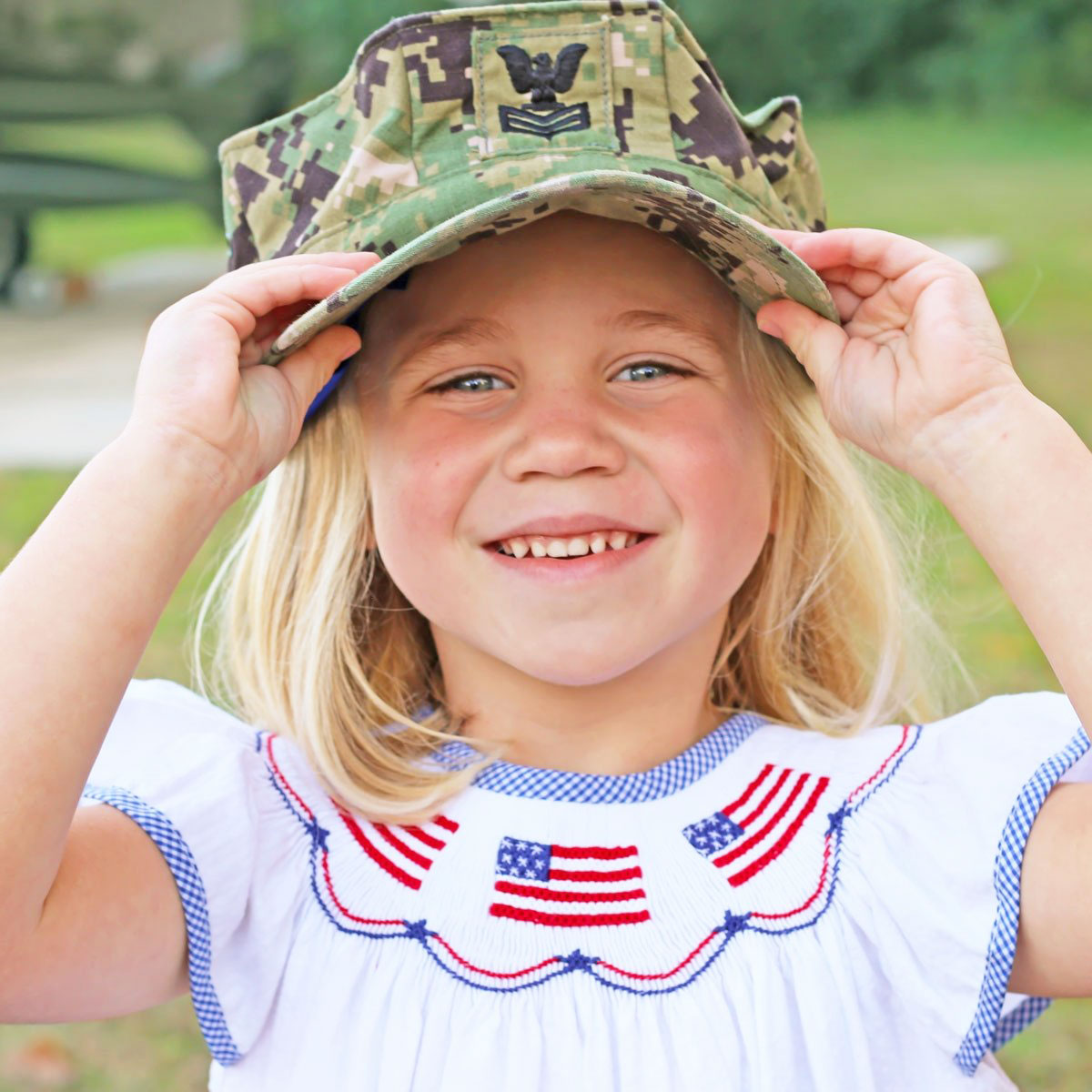 Flag Smocked White Pique Bloomer Set