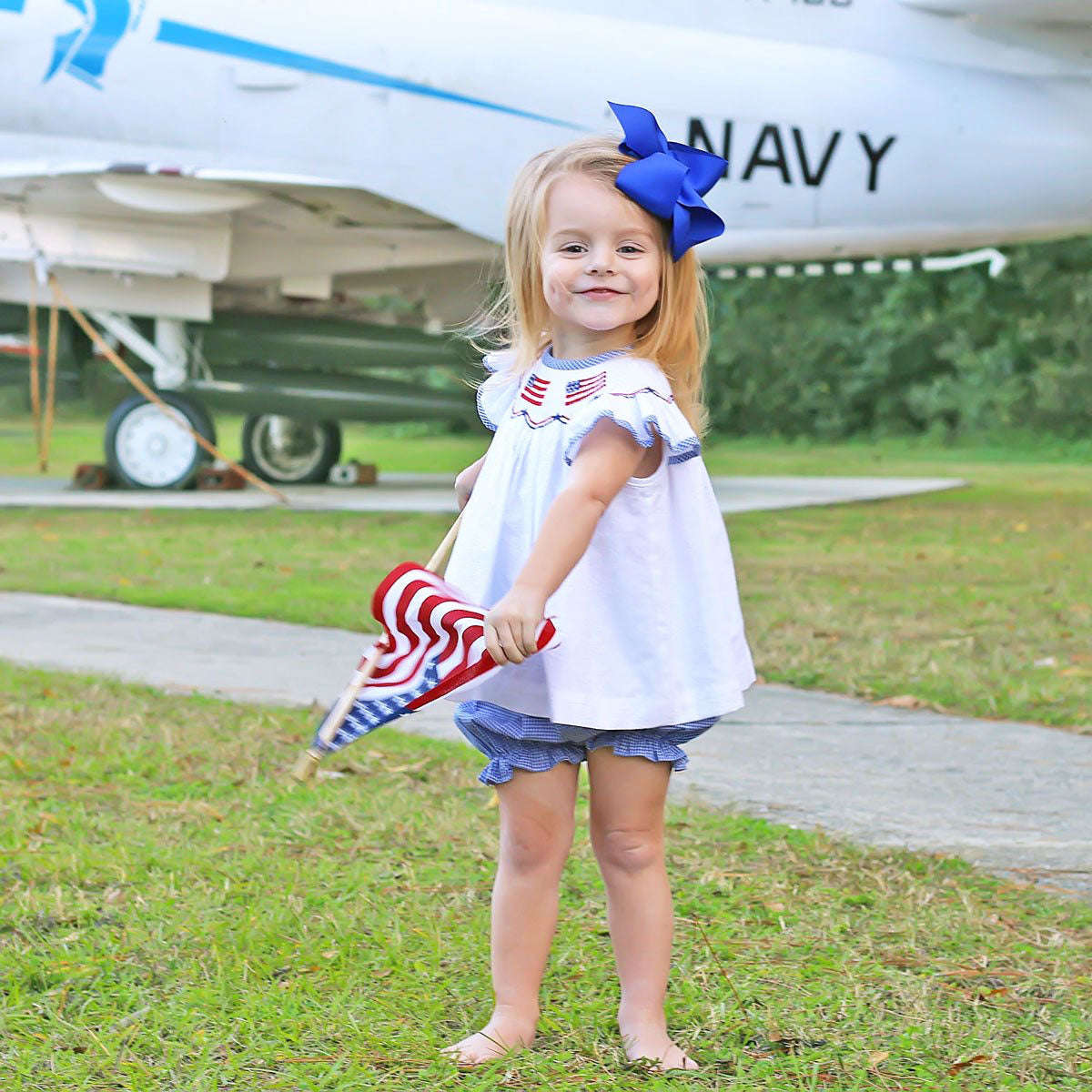 Flag Smocked White Pique Bloomer Set