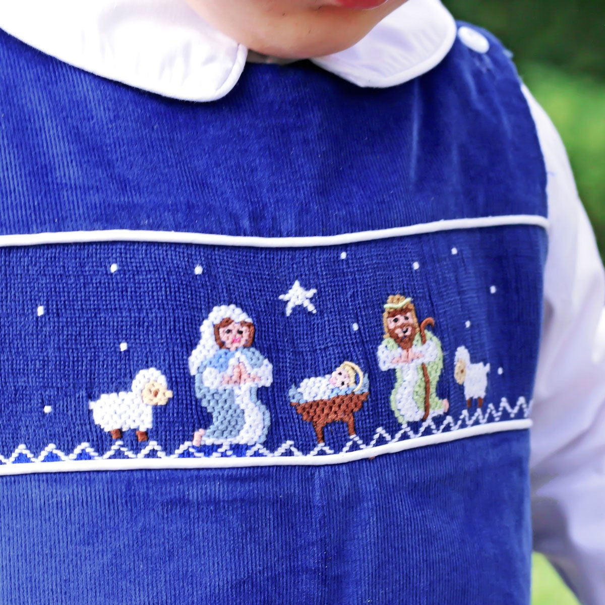 Nativity Smocked Royal Blue Corduroy Longall