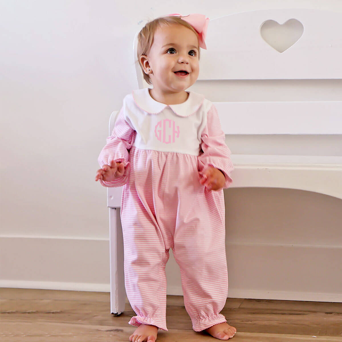 Pink & White Stripe Ruffle Romper