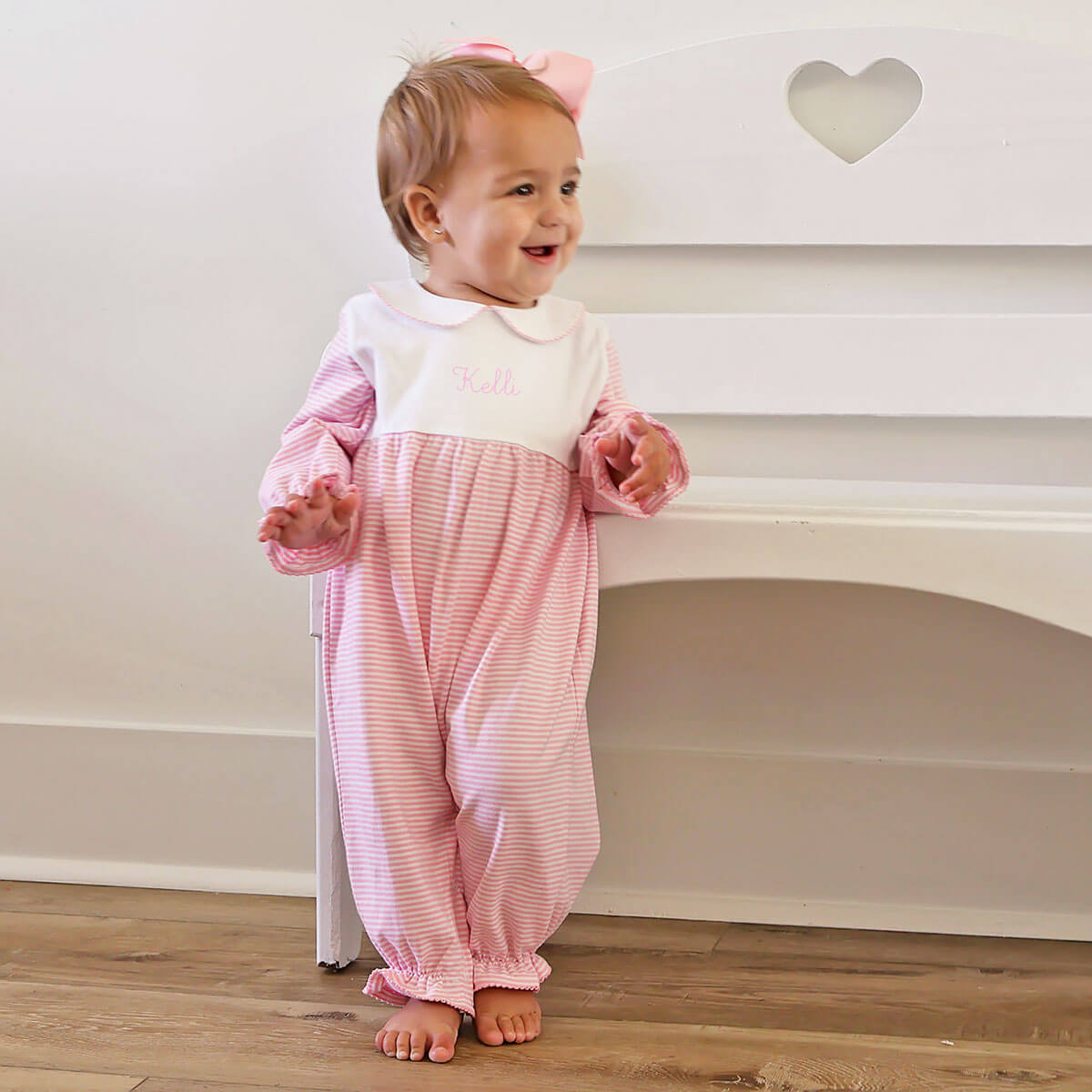 Pink & White Stripe Ruffle Romper