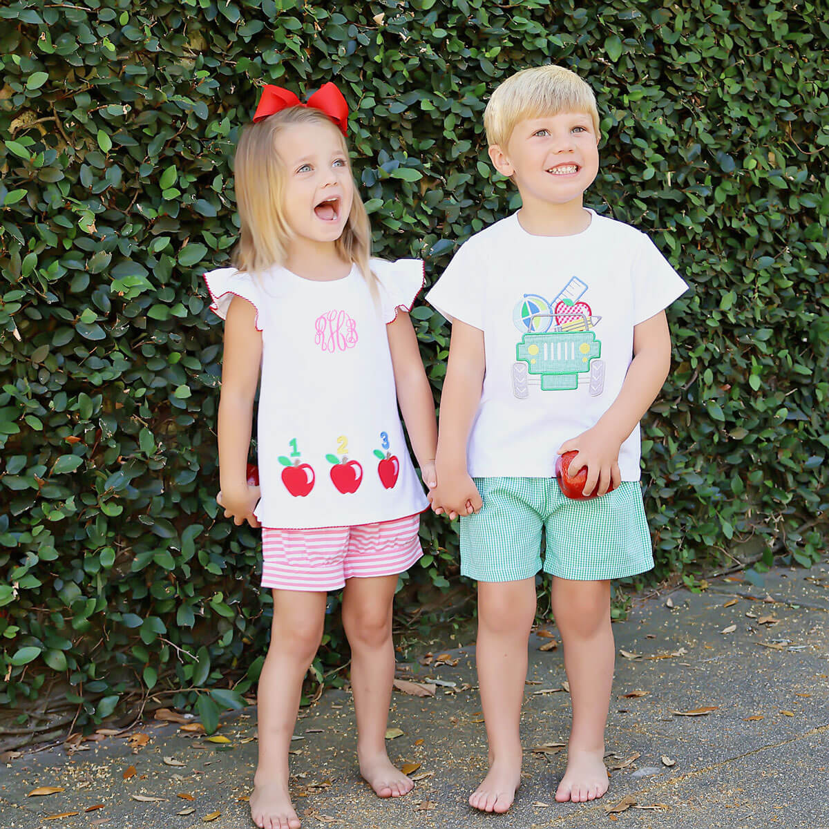 School Truck Green Gingham Short Set