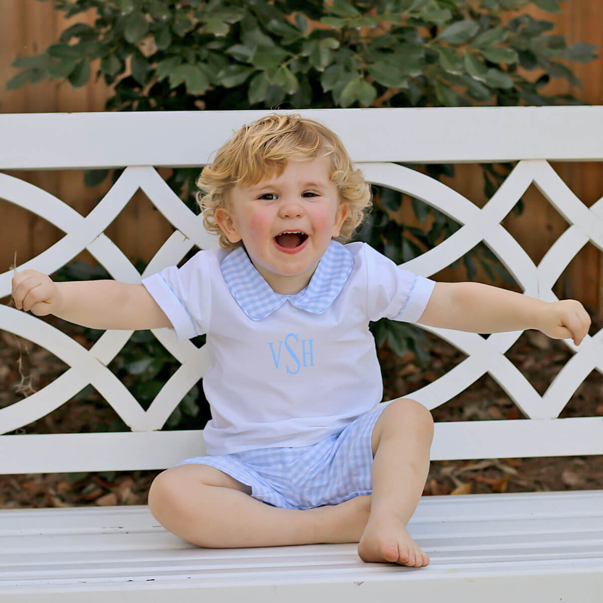 Light Blue Seersucker Check Collared Short Set