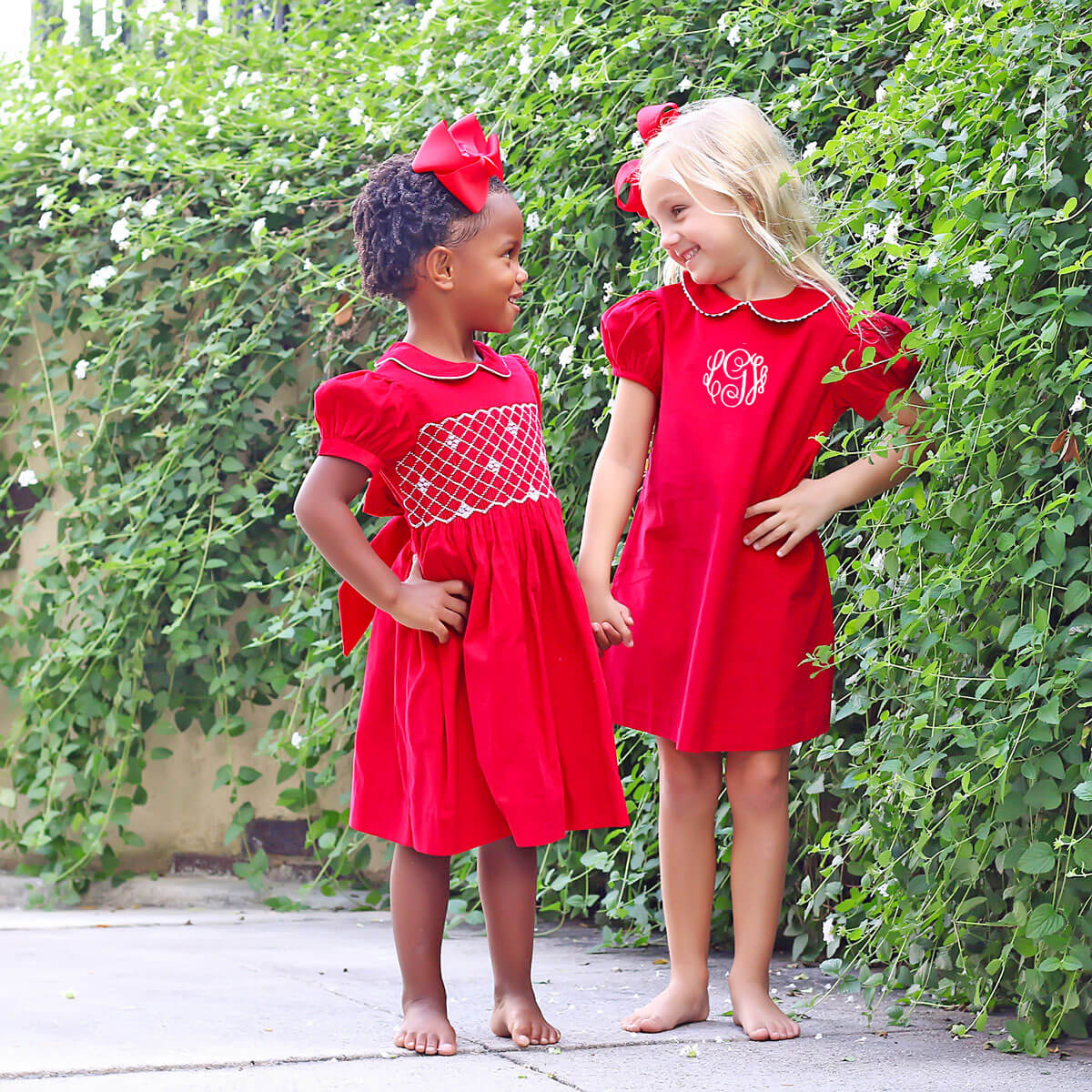 Red Corduroy Smocked Geo Collared Bishop Dress
