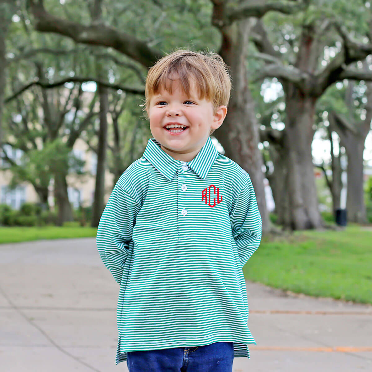 Green Stripe Long Sleeve Polo Shirt
