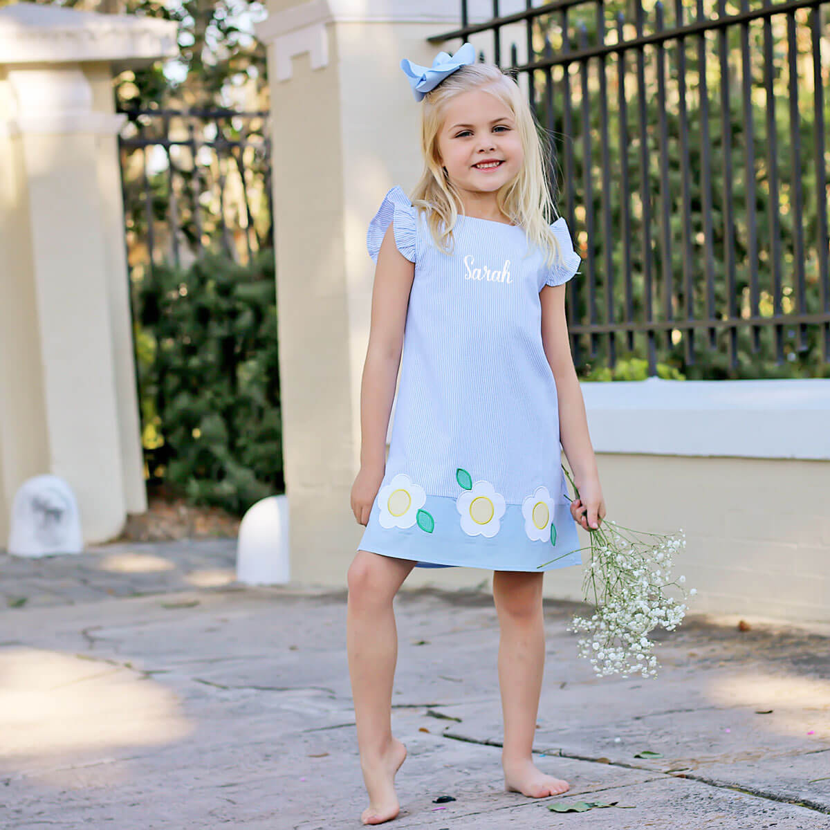 Daisy Appliqué Blue Stripe Emery Dress