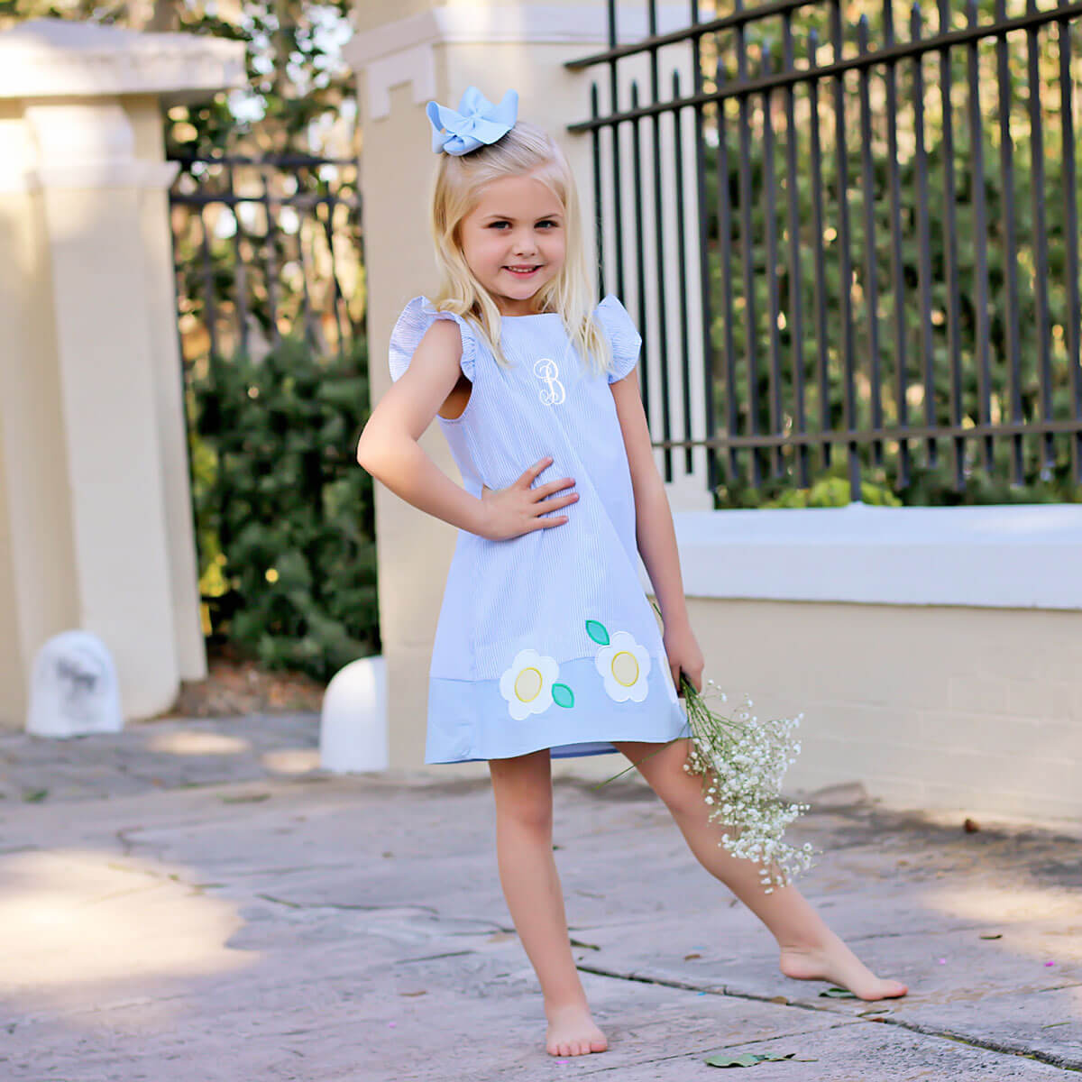 Daisy Appliqué Blue Stripe Emery Dress