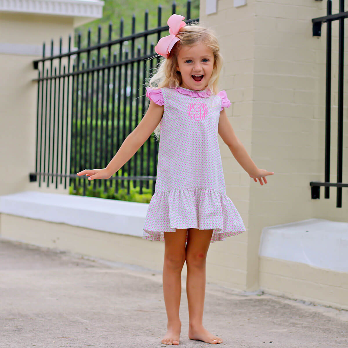 Pink Bouquet Print Ruffle Collared Dress