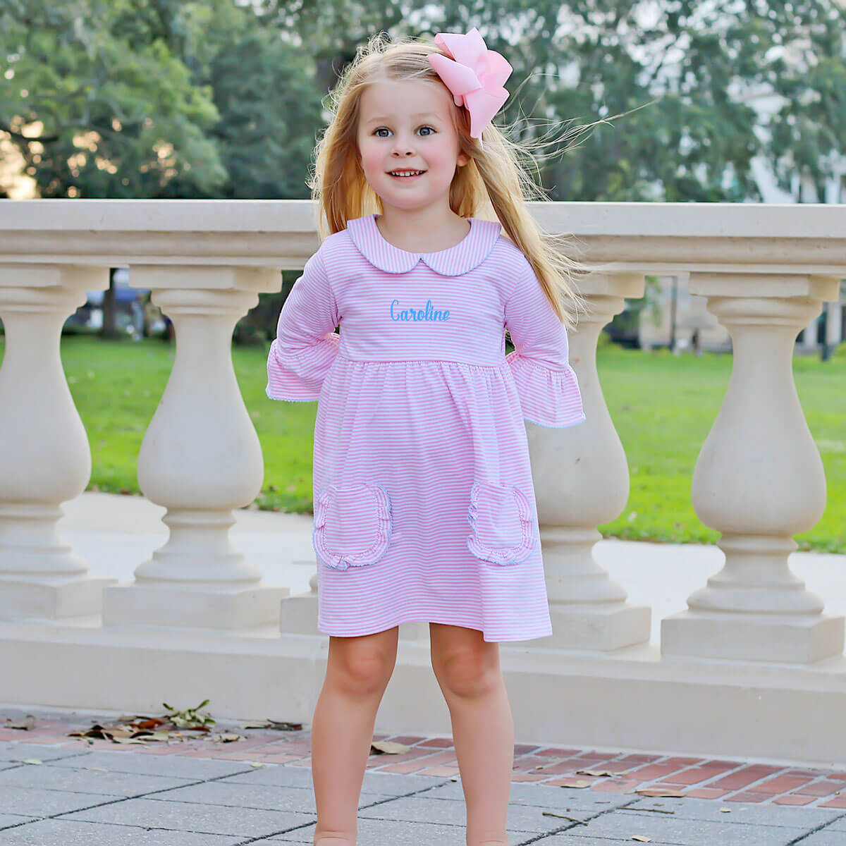 Caroline Pink Stripe Ruffle Pocket Dress