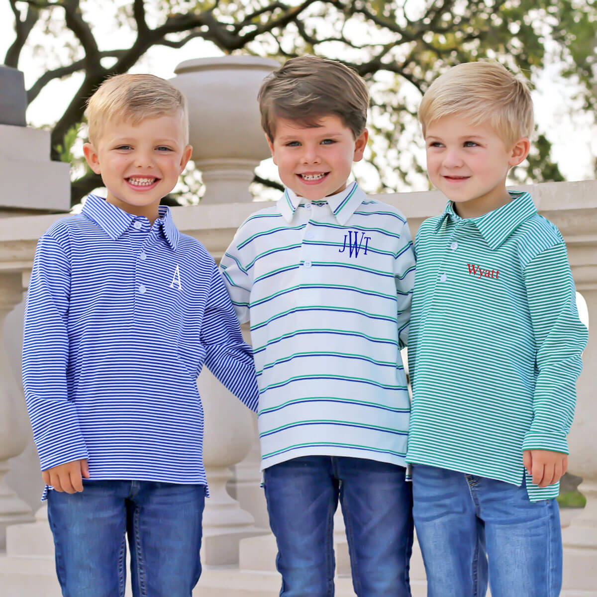 Green Stripe Long Sleeve Polo Shirt