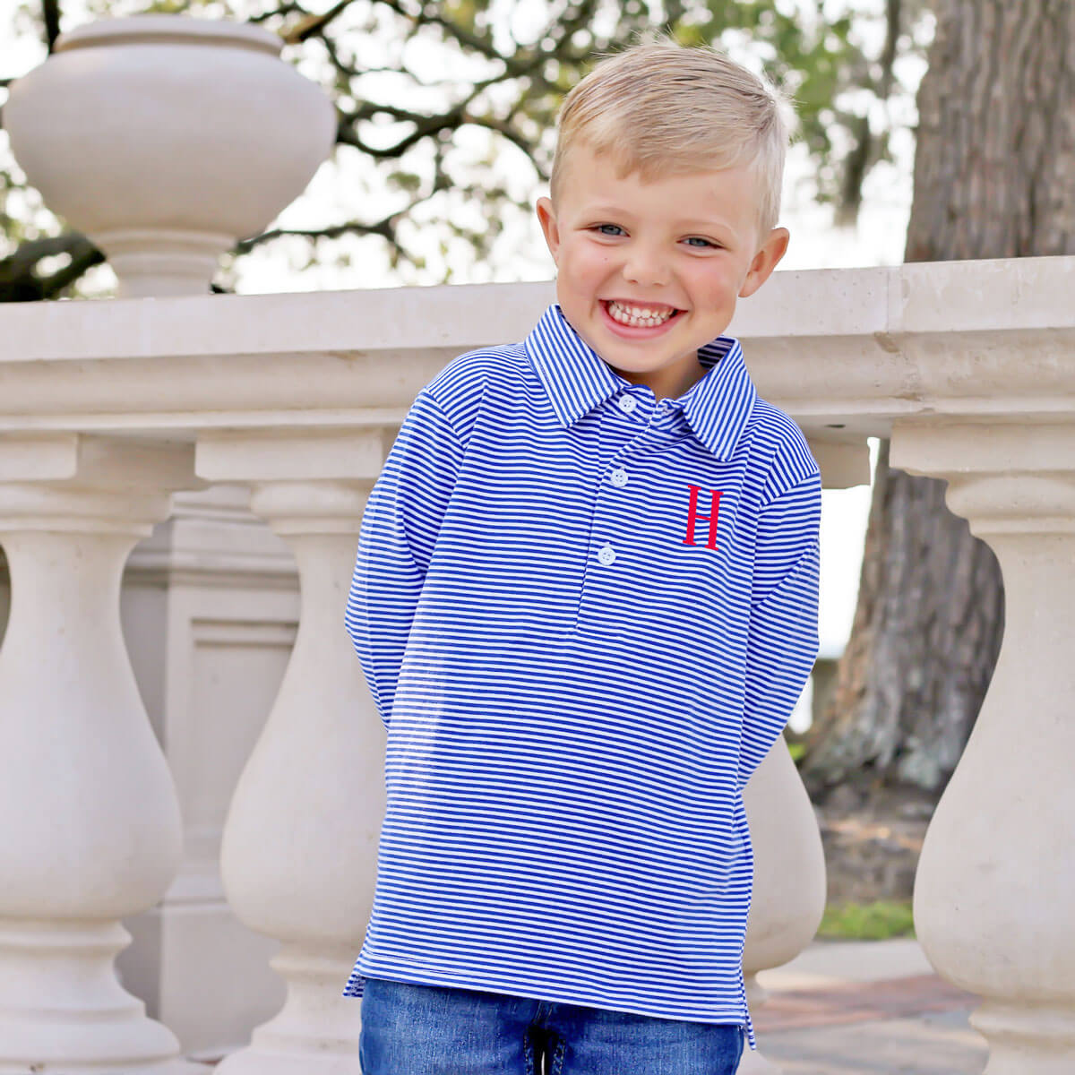 Royal Blue Stripe Long Sleeve Polo
