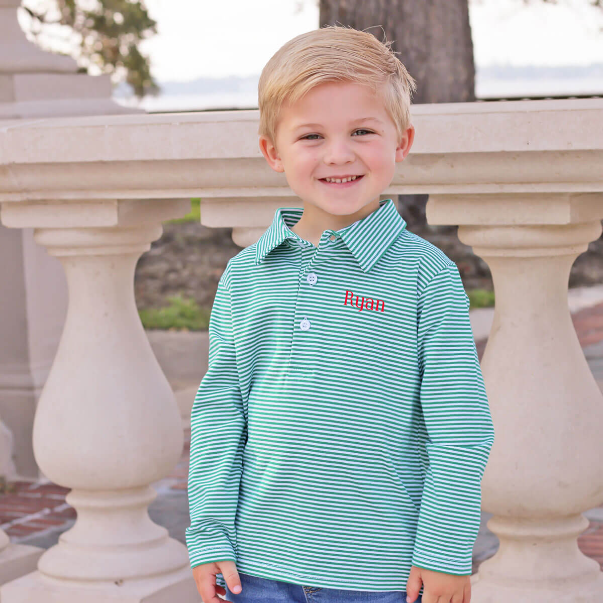 Green Stripe Long Sleeve Polo Shirt