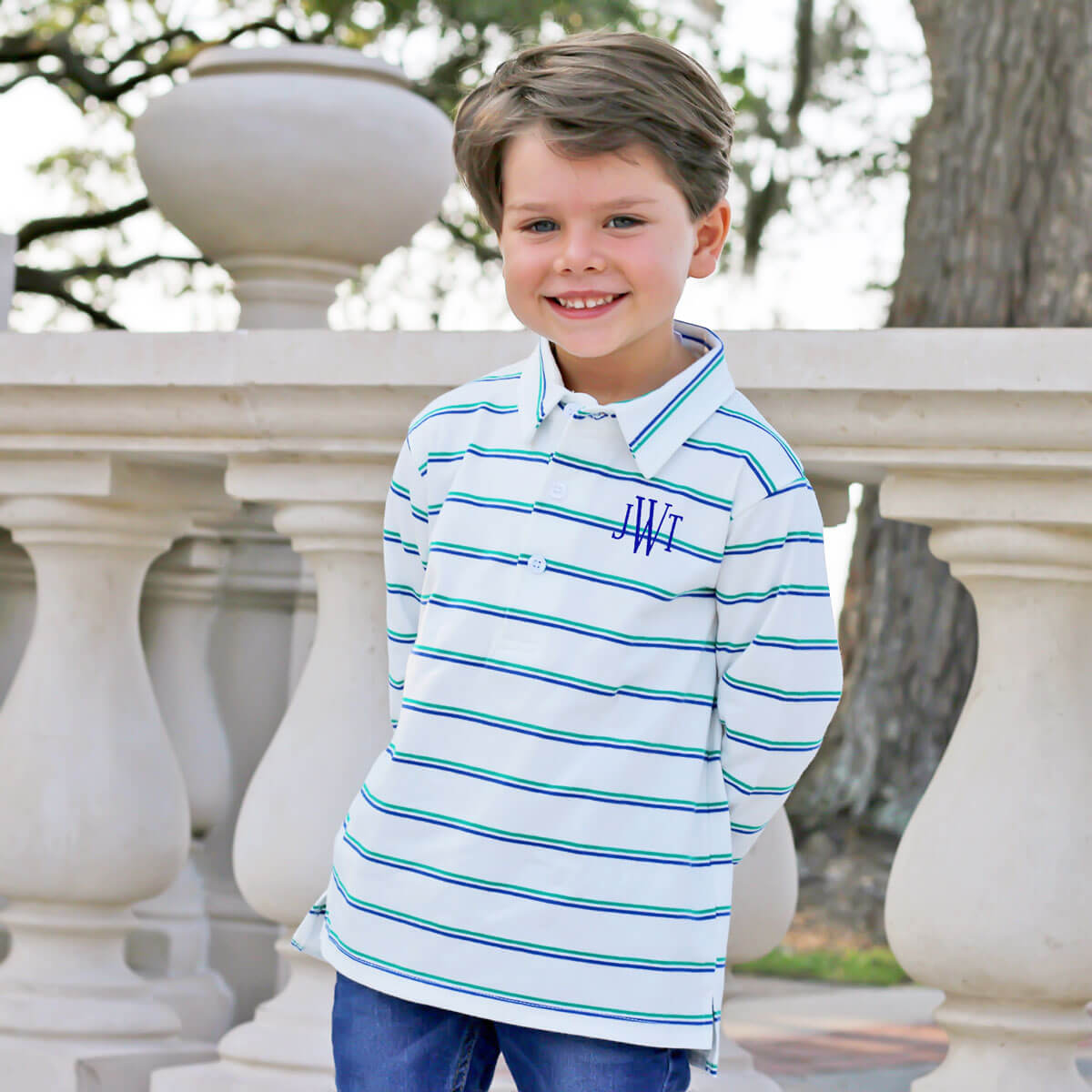 Royal Blue and Green Stripe Long Sleeve Polo