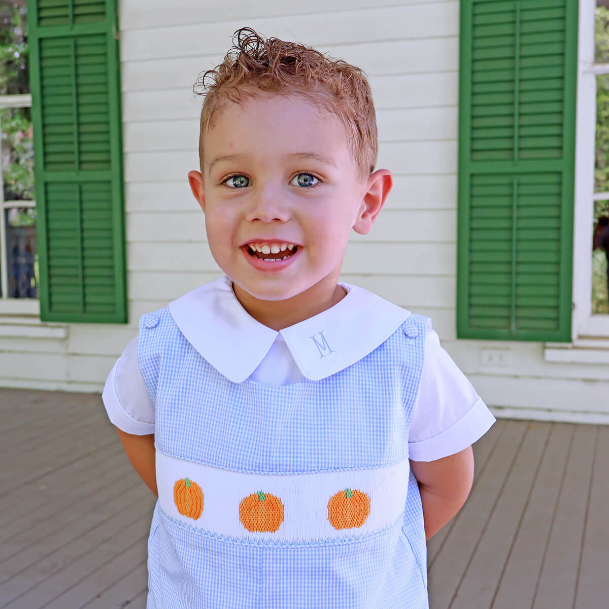 Harvest Pumpkin Smocked Light Blue Jon Jon
