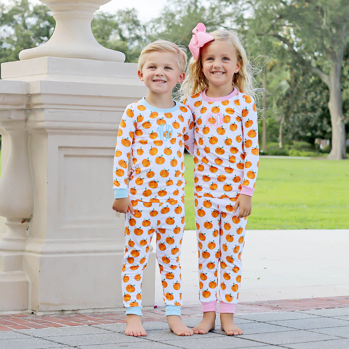 Bountiful Pumpkin Pajamas Blue Trim
