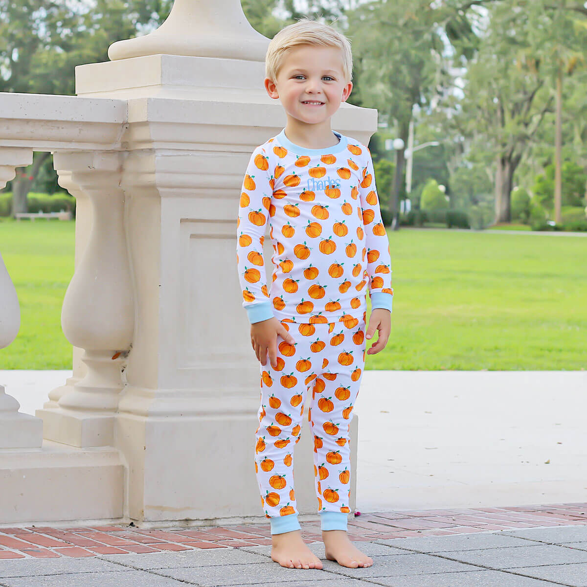 Bountiful Pumpkin Pajamas Blue Trim