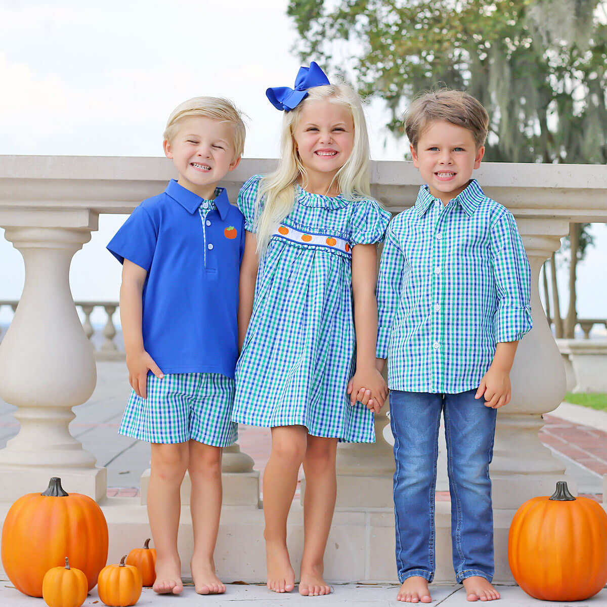 Hello Pumpkin Embroidered Blue & Green Gingham Ruffle Dress
