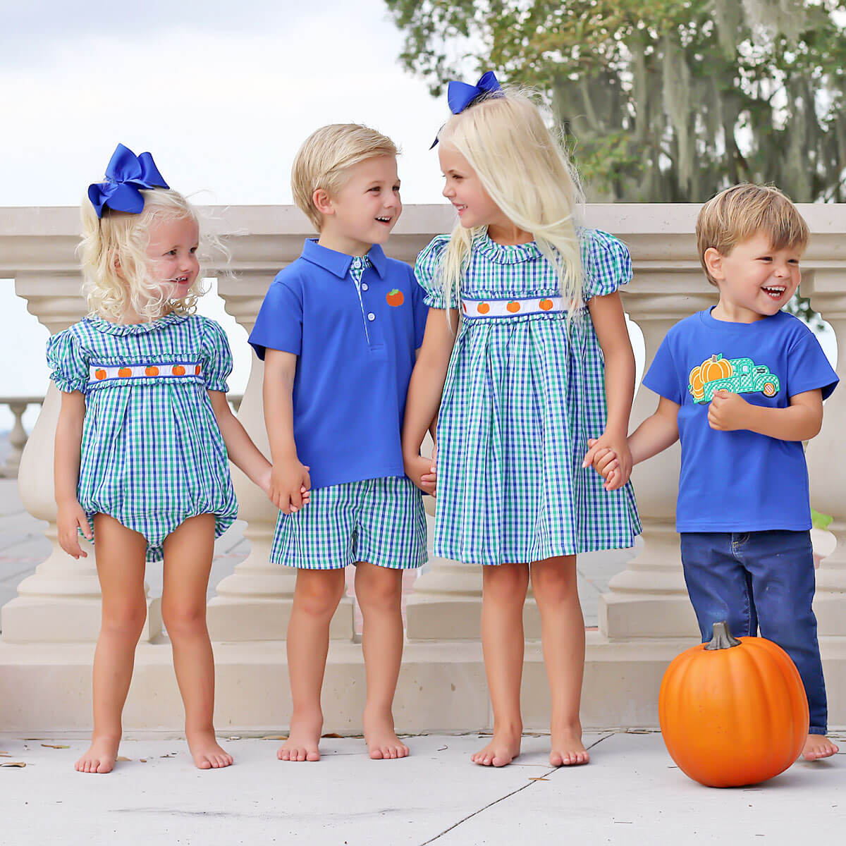 Hello Pumpkin Embroidered Blue & Green Gingham Ruffle Dress