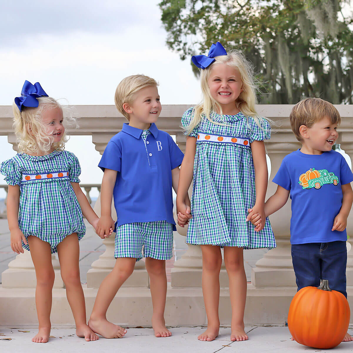 Hello Pumpkin Embroidered Blue & Green Gingham Ruffle Dress