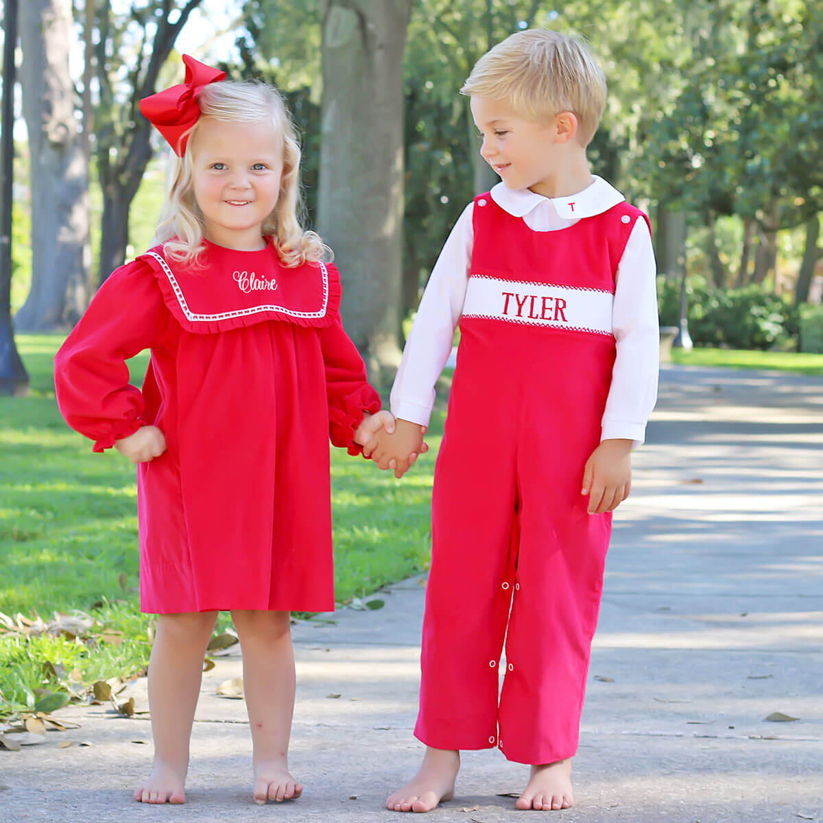 Red Corduroy Bib Long Sleeve Dress