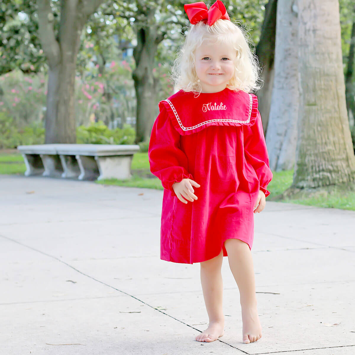 Red Corduroy Bib Long Sleeve Dress
