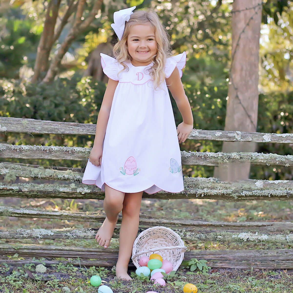 Easter Eggs Embroidered White Scalloped Dress – Classic Whimsy
