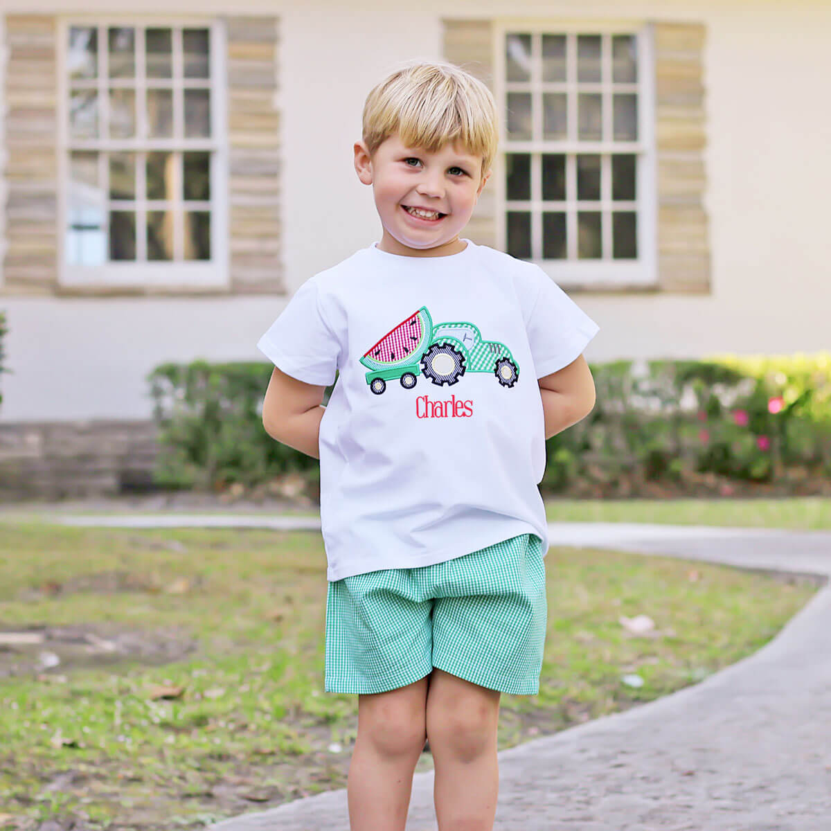 Sweet Watermelon Applique Green Gingham Short Set