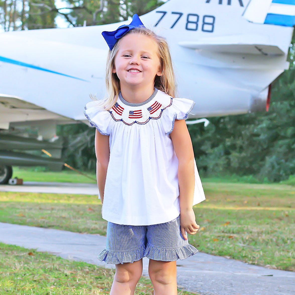 Flag Smocked White Pique Short Set