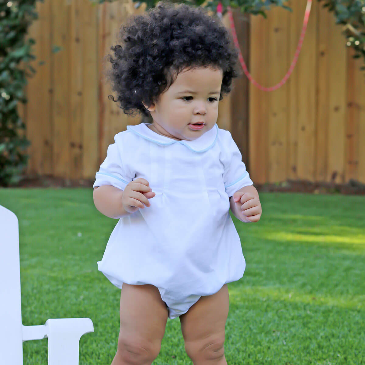 Solid White Blue Trim Collared Bubble