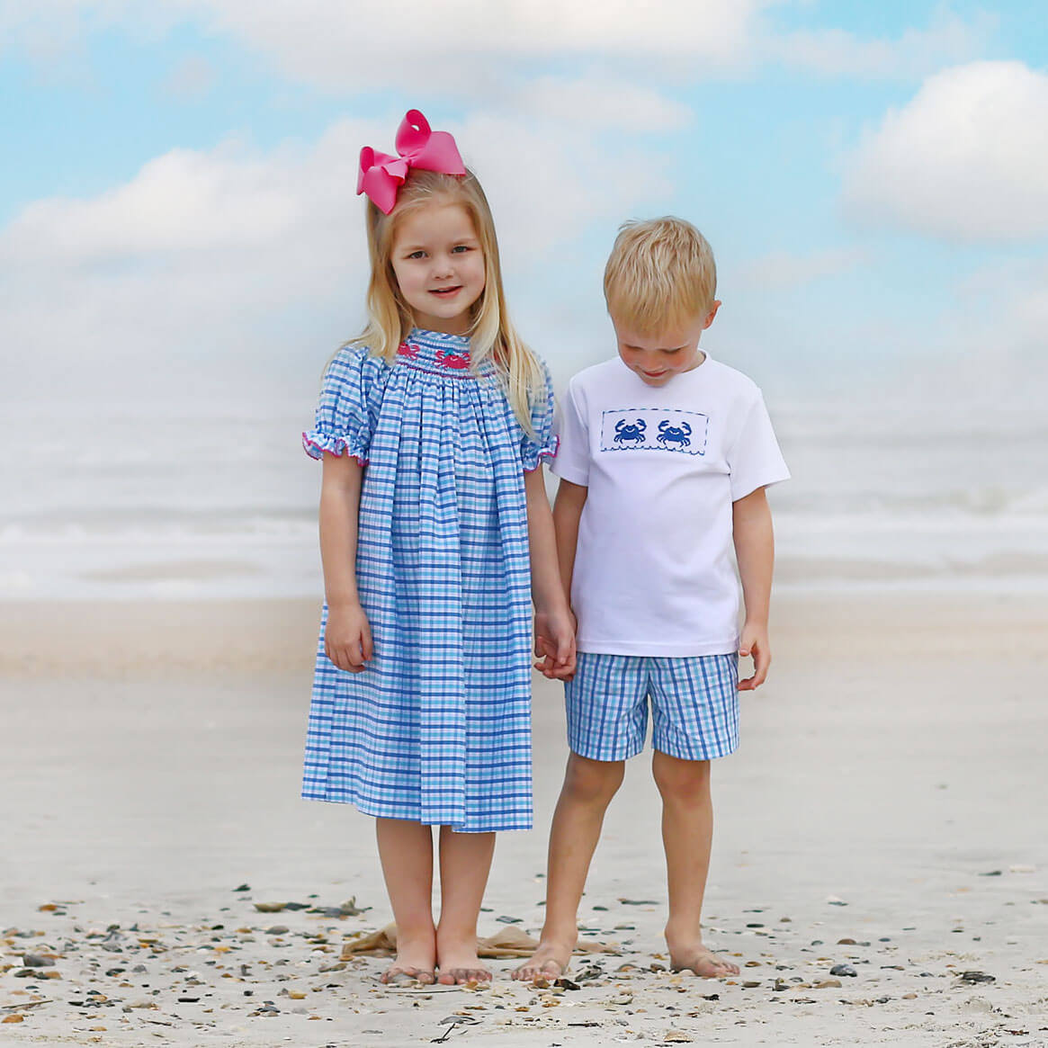 Crab Smocked Blue Plaid Dress