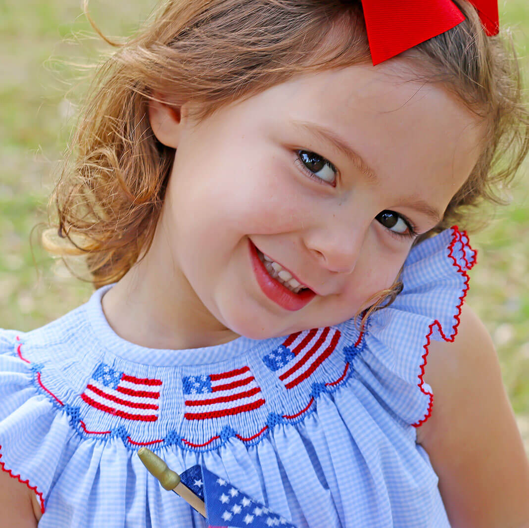 Light Blue Gingham Flag Smocked Bubble