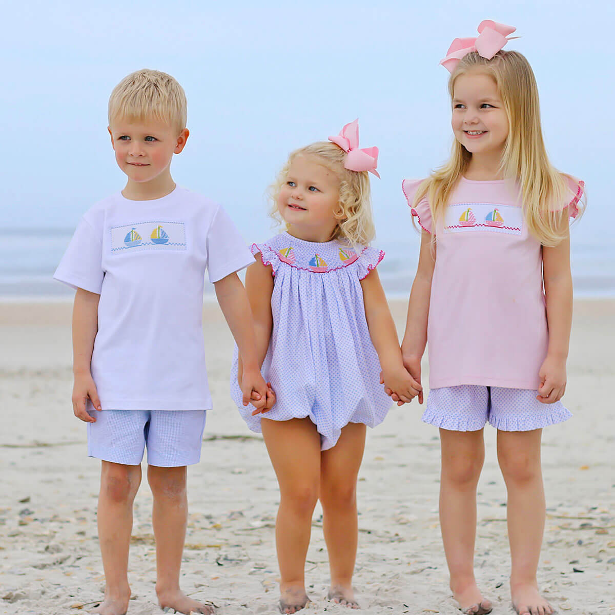 Sailboat Blue Dot Smocked Angel Sleeve Bubble