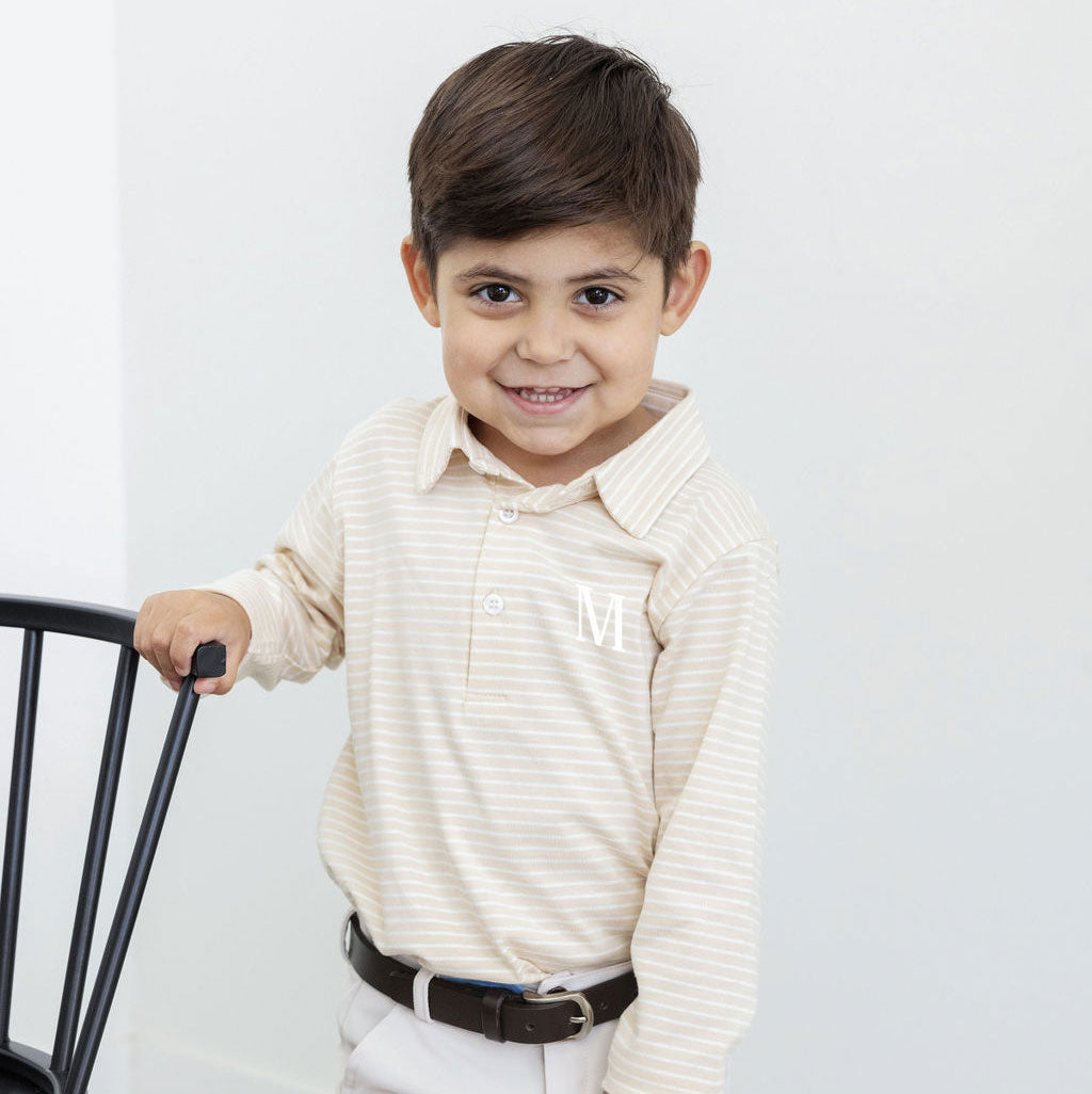 Tan Stripe Long Sleeve Polo